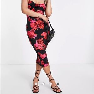 ASOS DESIGN cami cowl neck midi dress in pink and black floral print